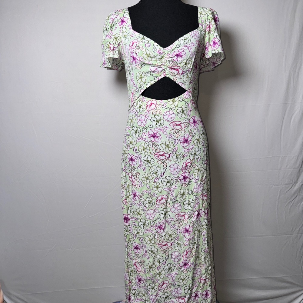 Zara Floral Cutout Maxi Dress Green‎ Pink Short Sleeve Side Slit XS